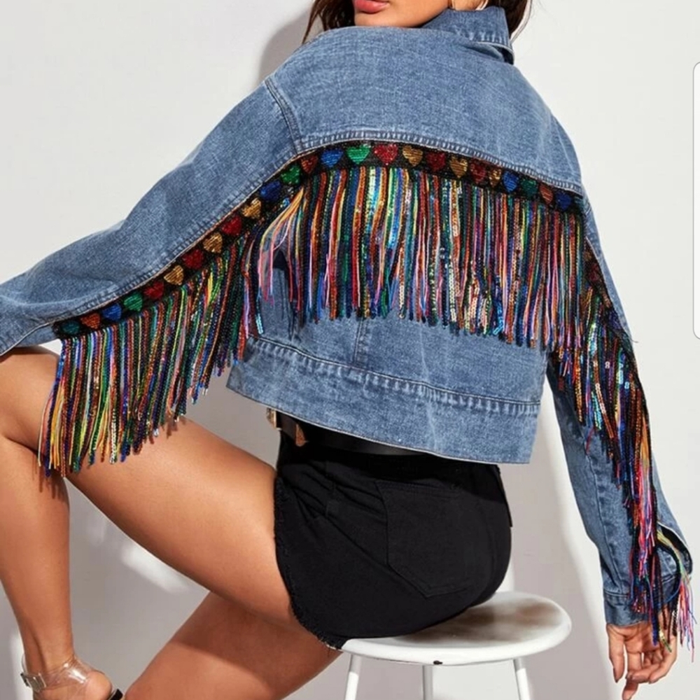 Denim Fringe Cropped Jacket with Multicolor Beaded Trim